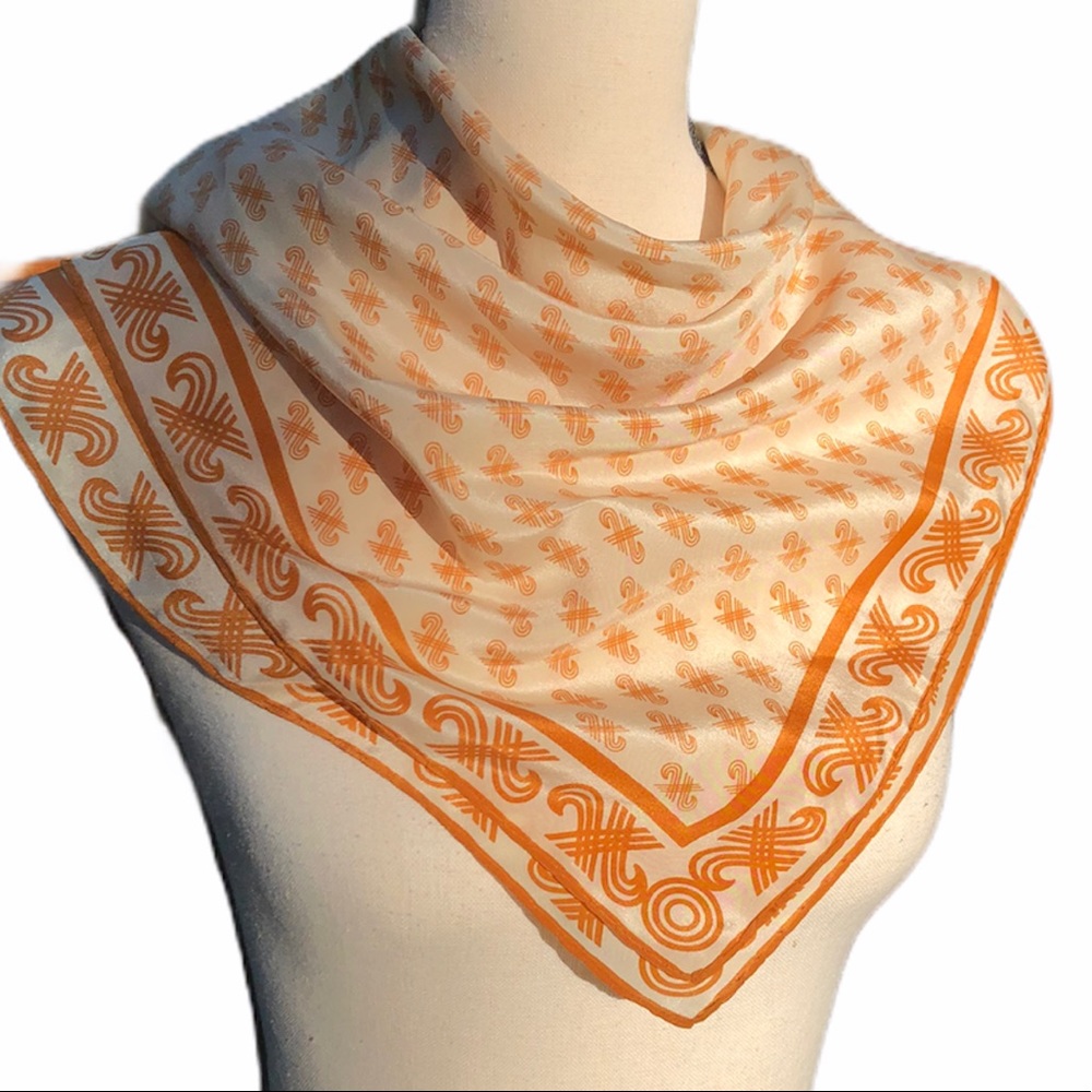 Vintage Cream and Orange 100% Silk Scarf
